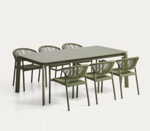 Set masa si 6 scaune exterior verzi din metal Brela Livadia Kave Home