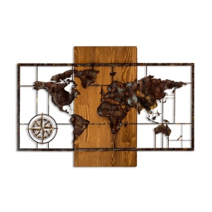 Decoratiune de perete maro/neagra din metal 58x85 cm World Map With Compass The Home Collection