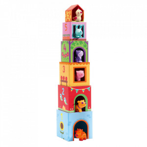 Joc de construit 12 piese multicolor din carton si plastic Topani Farm Djeco
