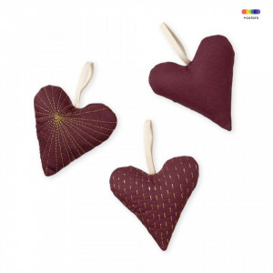Set 3 decoratiuni suspendabile rosu bordo din bumbac organic Hearts Bordeaux Cam Cam