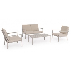 Set canapea exterior cu 2 fotolii si masa de cafea bej din metal Konnor Bizzotto