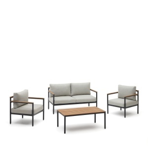 Set canapea, masuta si 2 fotolii maro/gri din metal Aiguafreda Kave Home