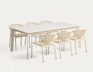 Set masa si 6 scaune exterior ecru din metal Brela Livadia Kave Home