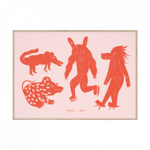 Tablou cu rama din lemn de stejar 50x70 cm Four Creatures Red Paper Collective