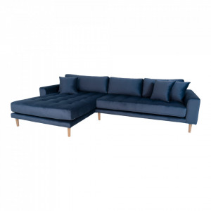Canapea cu colt albastru inchis din catifea si lemn 290 cm Lido Left House Nordic