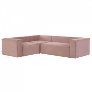 Canapea cu colt roz din poliester si lemn de pin pentru 4 persoane Blok Corduroy Kave Home