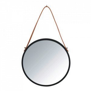Oglinda rotunda neagra/maro din fier si piele 30 cm Borrone Wenko