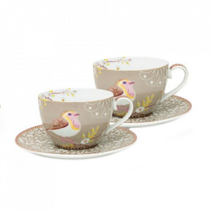 Set 2 ceasti cu farfurioare multicolore din portelan 280 ml Early Bird Khaki Pip Studio