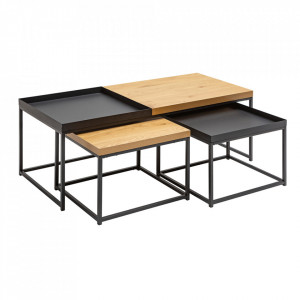 Set 3 masute de cafea negre/maro din MDF si metal Loft Invicta Interior