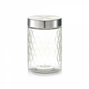 Borcan transparent/gri cu capac din sticla si metal 1200 ml Rhombus Zeller