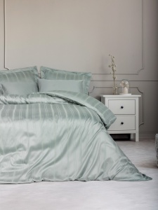 Lenjerie pat verde menta din fibre naturale Bamboo Stripe Double The Home Collection