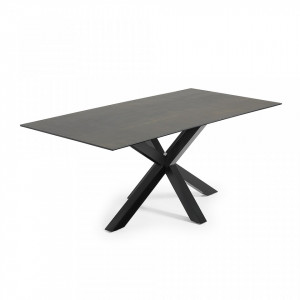 Masa dining cu picioare negre si blat sticla/portelan 200x100 cm Argo Iron Moss Kave Home
