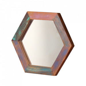 Oglinda hexagonala multicolora din lemn reciclat si metal 30x30 cm Fiume Sit Moebel