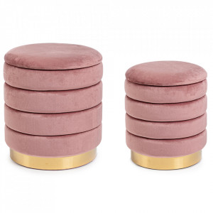 Set 2 taburete rotunzi roz antic/aurii din catifea Darina Bizzotto
