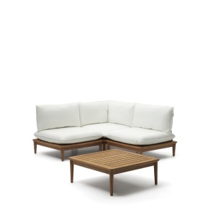 Set canapea exterior modulara cu colt si masa de cafea alb/maro din lemn Portitxol Kave Home