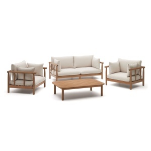 Set canapea, masuta si 2 fotolii maro/gri din textil Sacova Kave Home