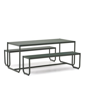 Set masa dining si 2 banchete exterior verzi din metal Sotil Kave Home