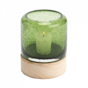 Suport lumanare verde/maro din sticla si lemn 14 cm Olive Amadeus