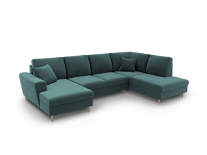 Canapea extensibila cu colt albastru petrol din catifea pentru 7 persoane Kyoto Brown Right Cosmopolitan Design