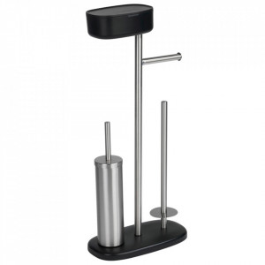 Perie toaleta cu suport hartie igienica argintie/neagra din metal Rivazza Wenko