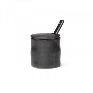 Recipient negru cu capac si lingurita din ceramica 8x8 cm Flow Ferm Living