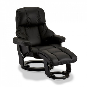 Scaun lounge ajustabil cu taburet pentru picioare negru din piele si PVC Crown Furnhouse