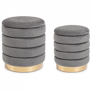 Set 2 taburete rotunzi gri/aurii din catifea Darina Bizzotto