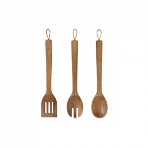 Set 3 ustensile maro din lemn si piele pentru bucatarie Acacia Kitchen Nordal