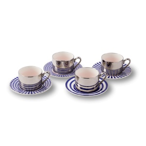 Set 4 cesti cu farfurioare albastre din ceramica 200 ml Aunty Pols Potten