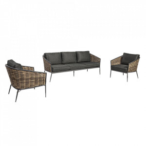 Set canapea si 2 fotolii pentru exterior negru/maro din polipropilena si aluminiu Maribela Bizzotto