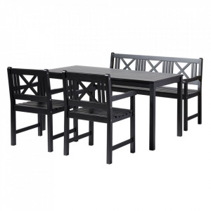 Set masa dining neagra cu banca si 2 scaune pentru exterior din lemn Rosenborg Cinas
