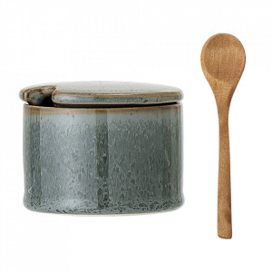 Set recipient cu capac si lingura verde/maro din ceramica si lemn Pixie Bloomingville