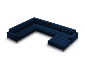 Canapea cu colt albastru royal/neagra din catifea pentru 7 persoane Mamaia U Left Micadoni