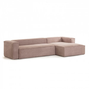Canapea cu colt roz din poliester si lemn de pin pentru 4 persoane Blok Right Kave Home