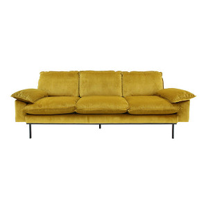 Canapea ocru din catifea si lemn pentru 3 persoane Retro Sofa HK Living