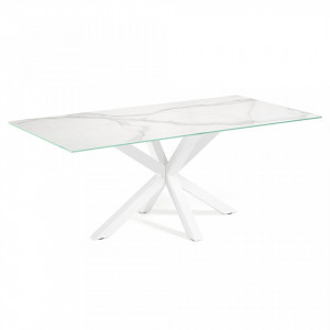 Masa dining cu picioare otel alb si blat sticla/portelan 200x100 cm Argo Kave Home