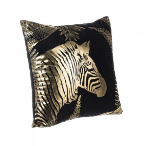 Perna decorativa patrata neagra/aurie din catifea 45x45 cm Jungle Zebra Bizzotto