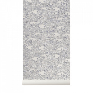 Rola tapet alb/albastru navy din hartie 53x1000 cm Stream Ferm Living