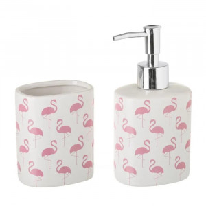 Set 2 accesorii baie roz/albe din ceramica Flamingo Unimasa