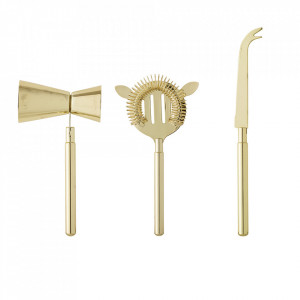 Set 3 ustensile pentru preparat cocktailuri aurii din inox Torri Bloomingville