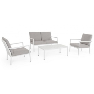 Set canapea exterior cu 2 fotolii si masa de cafea albe din metal Konnor Bizzotto