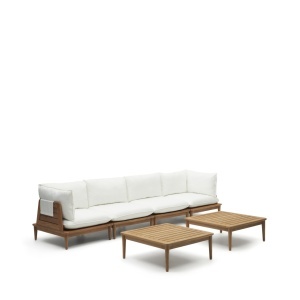 Set canapea exterior modulara si 2 mese de cafea alb/maro din lemn Portitxol Four Kave Home
