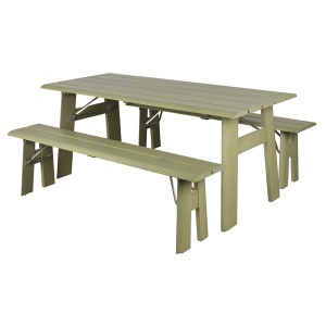 Set masa dining si 2 banchete exterior verzi din lemn Avenue Zuiver