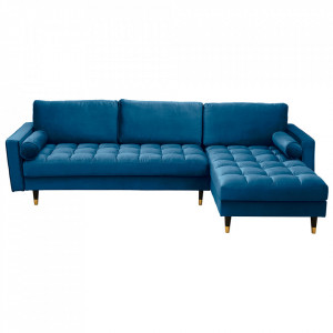 Canapea cu colt albastra din catifea si lemn 260 cm Cozy II The Home Collection