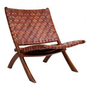 Scaun lounge pliabil maro din piele si lemn de tec Perugia House Nordic