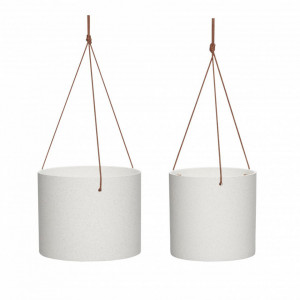 Set 2 ghivece suspendabile albe din ceramica si piele Lindsey Hubsch
