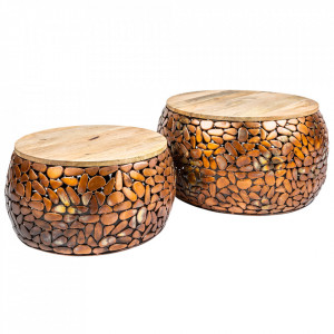Set 2 masute de cafea aramii din lemn si aluminiu Stone Mosaic The Home Collection