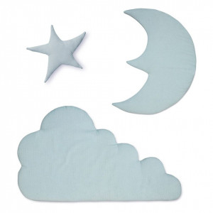 Set 3 decoratiuni albastre din bumbac organic pentru perete Moon Cloud Star Blue Mist Cam Cam