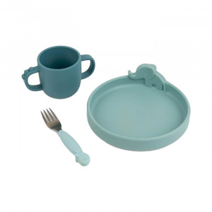 Set de masa 3 piese albastre din silicon Peekaboo Done by Deer