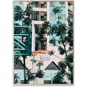 Tablou multicolor cu rama din lemn Cities of Basketball 01 (Hong Kong) Paper Collective